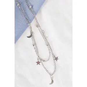 Night Sky Star Moon Silver Beaded Double Chocker Necklace