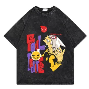 Japanese animation soul eater washed T-shirt men's summer street wear oversized old cotton versatile 4trendy men's clothing