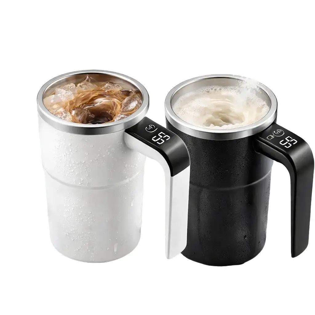 Self Stirring Cup for Iced Coffee & Protein Shake, USB Rechargeable Mixing Mug with Temperature Display, Portable Leakproof Stainless Steel Travel Cup for Office, Kitchen, Travel & Daily Use