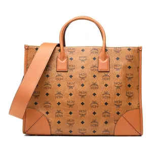 MCM Monogram Tote Bag for Women in Brown and Cognac Leather with Shoulder Strap