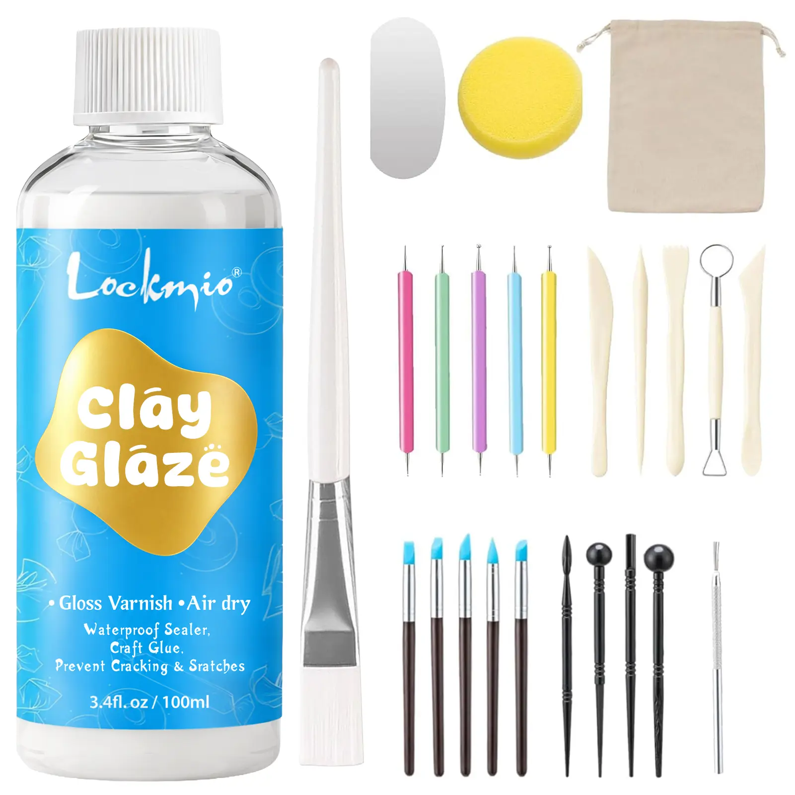 Air Dry Clay Glaze with 24PCS Clay Tools Kit(100ml),Gloss Varnish & Craft Glue, Air Dry & Waterproof Sealer Kit – Prevent Cracking & Scratches, for Clay Stippling, Carving, and Sculpting Crafts (Gloss Finish) valentine's gift