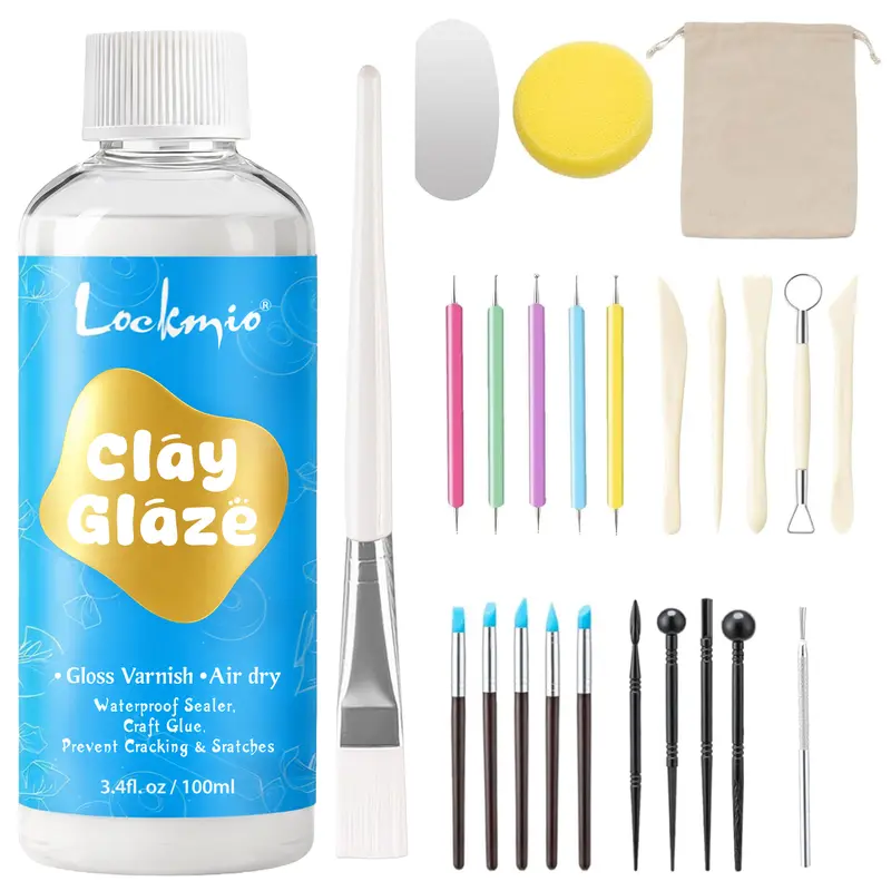 Air Dry Clay Glaze with 24PCS Clay Tools Kit(100ml),Gloss Varnish & Craft Glue, Air Dry & Waterproof Sealer Kit – Prevent Cracking & Scratches, for Clay Stippling, Carving, and Sculpting Crafts (Gloss Finish) valentine's gift