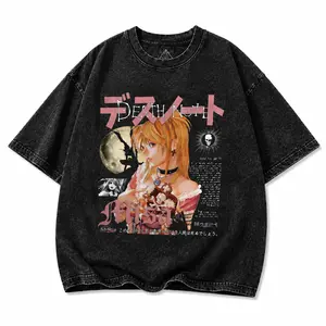 Washed Black Manga Muse Graphic Tee for Men, Oversized Vintage Anime T Shirt, Y2K Dark Streetwear Direct Print Shirt