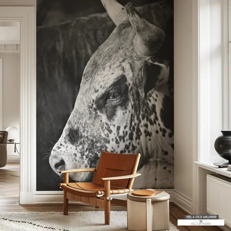 Western Mural Wallpaper – Rodeo Bull Wall Art in Black & White – Peel and Stick Cowboy Decor – Rustic Western Room Accent – Removable Wallpaper Mural for Western Home Decor, Cowboy Home Decor, and Western Wall Decor
