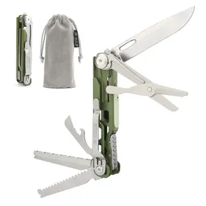Xhandle MT-18 10-in-1 Pocket EDC Multitool with D2 Stainless Steel, 440A Scissors, Folding Saw, Serrated Cutter, Bottle Opener, Glow Marker, Tungsten Steel Breaker, Green Handle, Outdoor Camping Gear