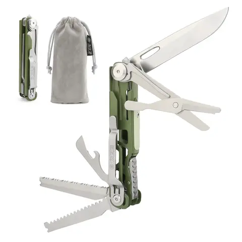 xhandle MT-18 10-in-1 Compact & Versatile Pocket Multitool, EDC Gear with Foldable D2 Stainless Steel Serrated Blade, 440A Scissors, Folding Saw, Tungsten Window Breaker, Glow Marker, Pocket Clip, Bottle & Can Opener, Easy to Carry for Camping Bushcraft