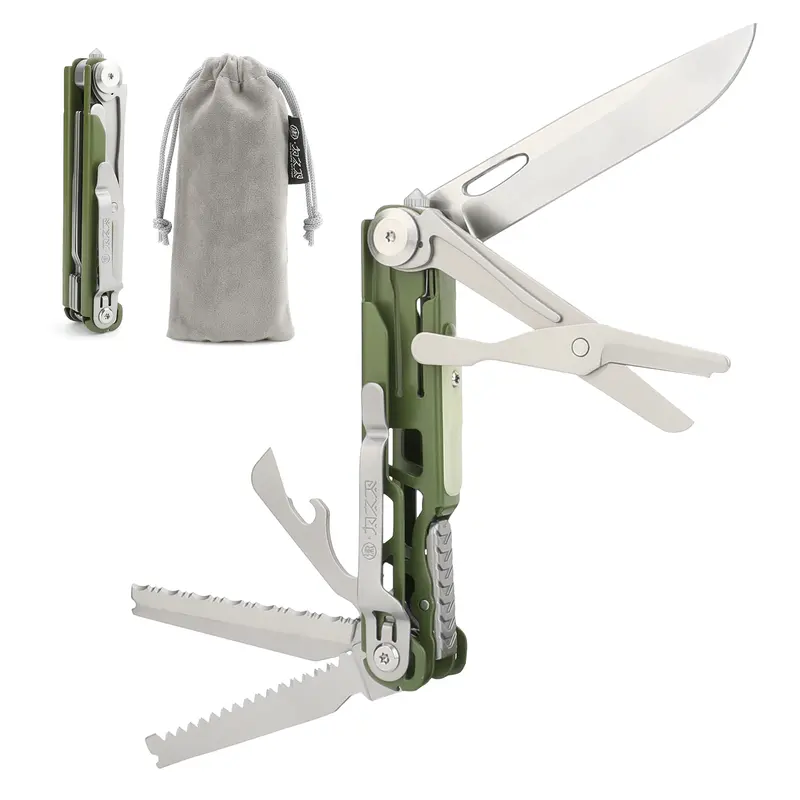 xhandle MT-18 10-in-1 Compact & Versatile Pocket Multitool, EDC Gear with Foldable D2 Stainless Steel Serrated Blade, 440A Scissors, Folding Saw, Tungsten Window Breaker, Glow Marker, Pocket Clip, Bottle & Can Opener, Easy to Carry for Camping Bushcraft