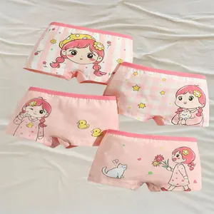 4pcs Soft Cotton Girls Boxer Briefs, Cartoon Pattern Printed Girls Panties, Flat Leg, Underwear