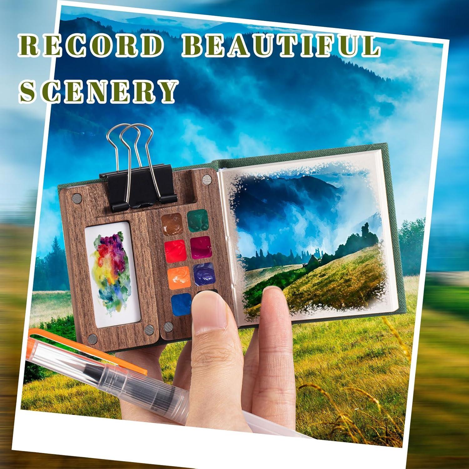 Mini Portable Watercolor Palette Set Wooden Grid Paint Box Watercolor Paper Sketch Book Brush Pens with Binder Clip for Painters Artist Not Include Paint(Pine Green)