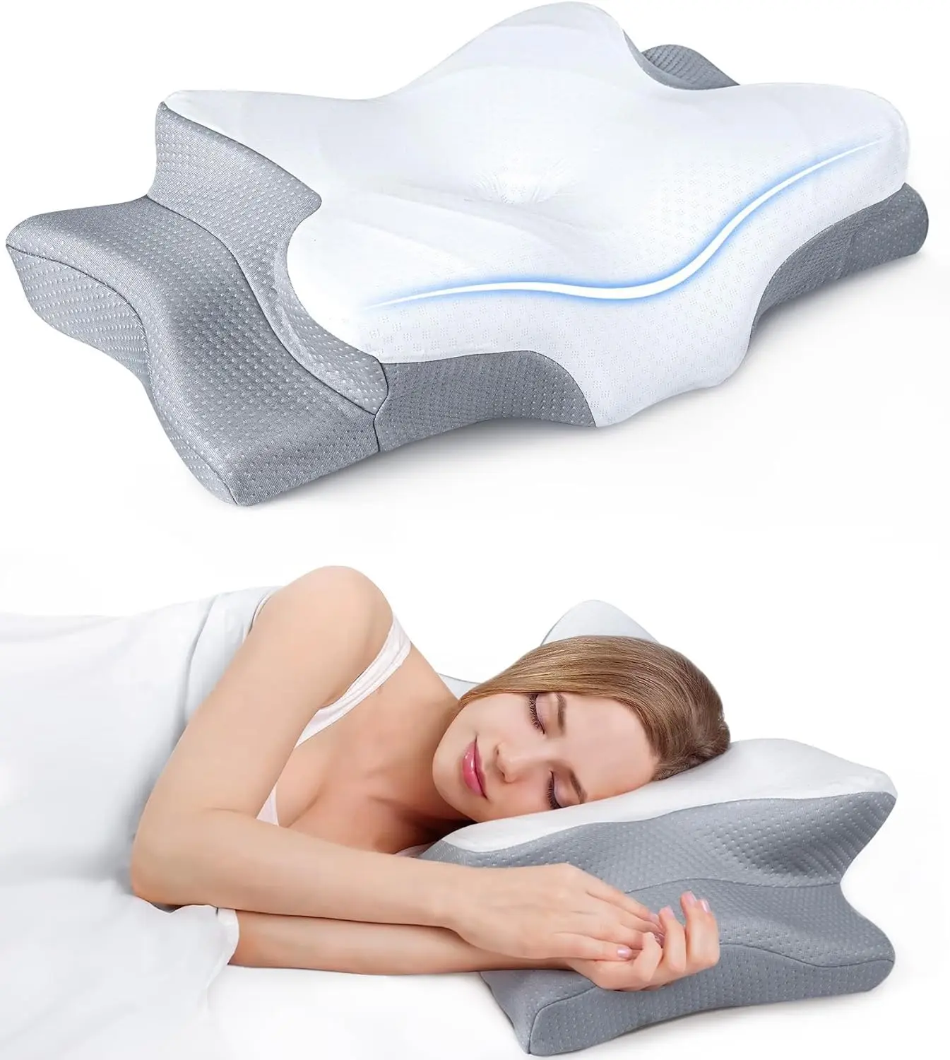 Cervical Neck Pillow - Ultra Pain Relief Cooling, Adjustable Ergonomic Contour, Supportive High-Density Memory Foam, Breathable Odorless Orthopedic Bed Pillow for Side/Back Sleepers, 25.6 x 14.2 x (3.1-5.5) Inch