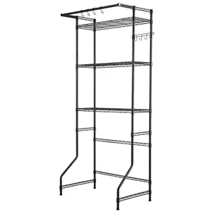 EVOR Over The Washer and Dryer Storage Shelf, 3 Tier Laundry Room Drying Rack with Hanger Rod and Hooks, Adjustable Over Washer and Dryer Shelves, Laundry Room Shelf Storage Space Saver, Black