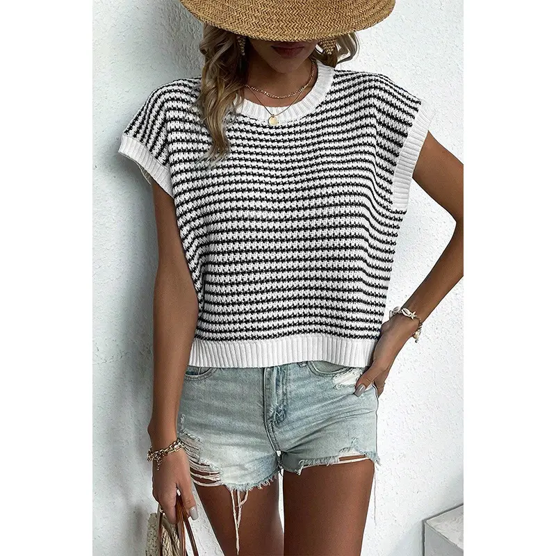 Women's Casual Plaid Sweater Vest, Korean Style Sleeveless Crew Neck Knit Top, Japanese Inspired Fitted Acrylic Knitwear, Fabric, Lady, Check, Vest Top