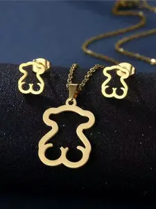 Fashion Women's Bear Ear Stud Necklace, New Stainless Steel Luxurious Cute Animal Set, Party Jewelry for Ladies