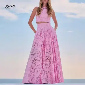 Women’s 2-Piece O-Neck Single-Button Ankle-Length A-Line Dress Set for Summer Vacation and Party Wear