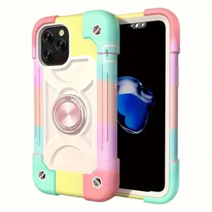 Hard Protective Case, Colorful Silicone PC Mobile Phone Case, Compatible with Iphone 16 15 14 13 12 11 Pro Max Plus, with 360 °   Rotating Ring Bracket, Full Body Drop-Proof And Durable Three-In-One Protective Cover  Smartphone Casing Protector Shockproof