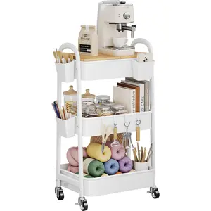 3 Tier Rolling Cart Metal with Wheels and  Table Top, Art Cart Organizer  Wheels, White Three Tiered Storage Utility Carts for Craft, , Diaper ,Coffee,Kitchen,Cleaning,Office Supplies