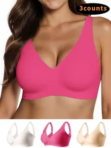 Pack of 3 Womens Seamless Wireless Bras, No Underwire Comfort Push Up Design, Buttery Soft Full Coverage Casual Everyday Bralette