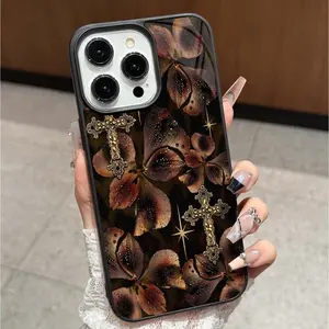 Leopard Floral Cross Pattern Glossy Shiny Acrylic Protective Phone Case for Apple iPhone 16promax 14 13 12 11 Pro Max XS Max X XR 8 7 Plus Birthday Gift