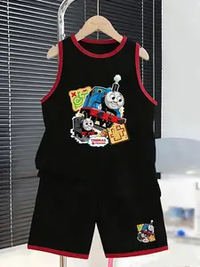Boys' Thomas Train Tank Top and Shorts Set, Cartoon Print, Loose Fit, Breathable, Casual Wear, Ideal for School, Theme Events, Home Play