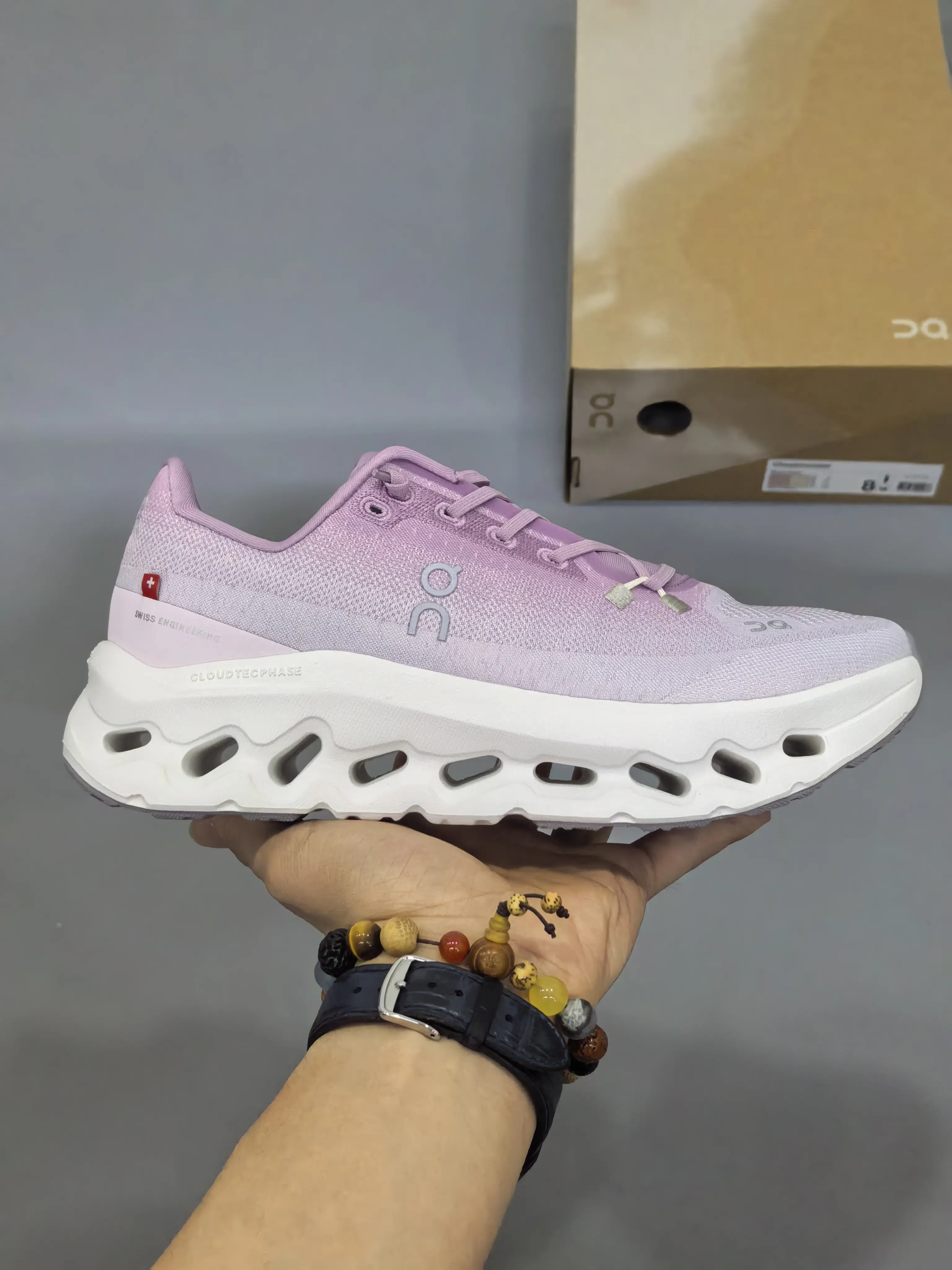 Gradient Light Purple Knit Breathable Running Sneakers, Hollow Thick Cushion Athletic Shoes, Lightweight Walking Trainers for Men Women