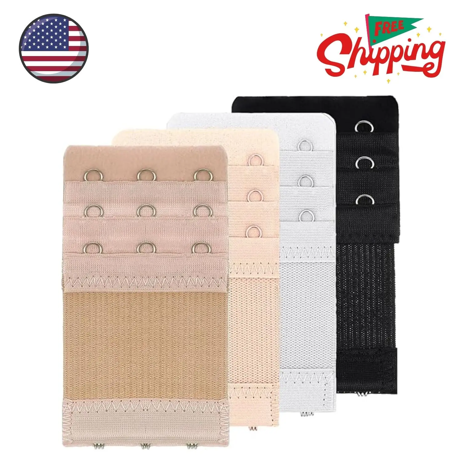 4 Pcs Women's Bra Extenders 3 Hooks 3 Rows (Black, White, Nude, Beige), Adjustable