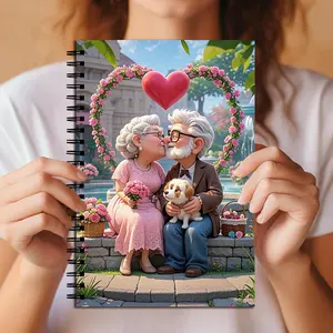 Romantic Elderly Couple Spiral Notebook, Cute Heart & Flower Wreath Design, Aesthetic Cute Style, Lined Paper, Journal for Writing Notes