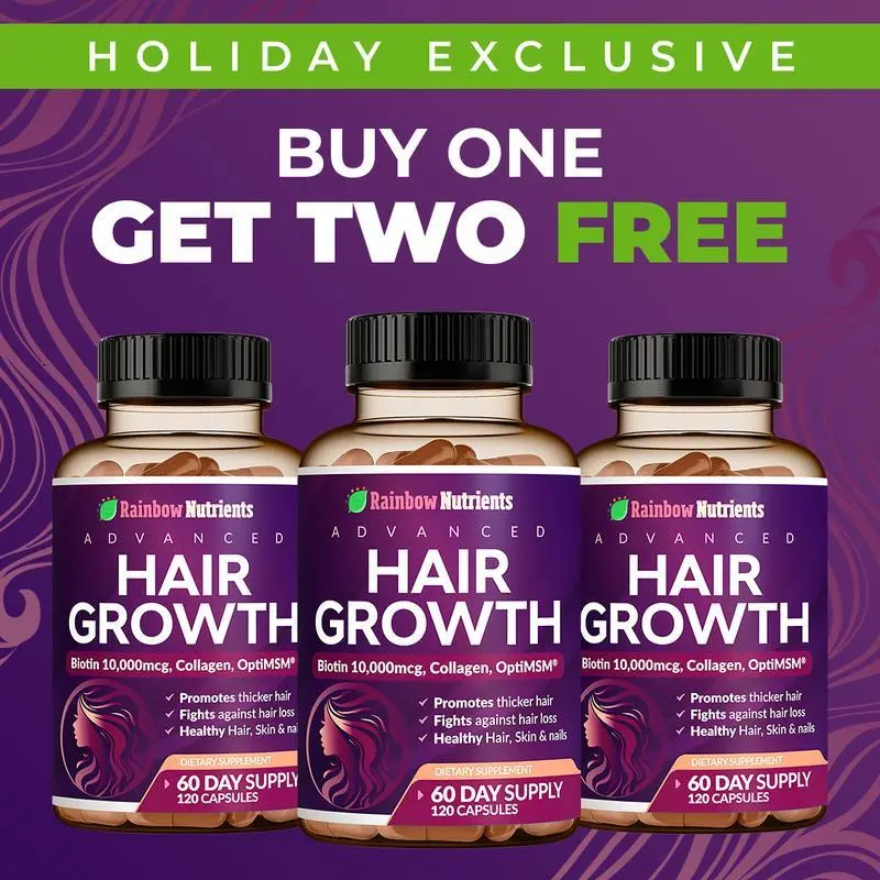 (3 bottles) Rainbow Nutrients 24-in-1 Advanced Hair Growth Vitamins | Biotin 10,000mcg, Collagen, Patented OptiMSM, goMCT, Saw Palmetto | Naturally Regrow Stronger & Healthier Hair, Skin and Nails | Stops Hair Loss | 60 Day Supply