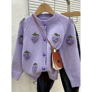 Girls' Sweater Cardigan, Button Front Cardigan, Knit Clothing Sweaters, Spring & Fall Kids Jacket, Handmade Grape Design, Stylish Children Outerwear, Cute Little Girls Clothes