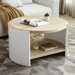 Round Coffee Table, Modern Wood Coffee Table with 2-Tier Open Storage Shelf, Two-tone White & Oak Center Sofa Table for Living Room, Apartment, Office