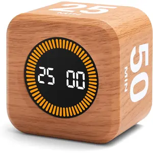 Rotating Productivity Timer 5, 25, 10, 50 Minutes Preset, Desk Cube w/Gravity Sensor for ADHD, Mute Functions, Ideal for Work, Study, Kitchen, Back to School (1, Wood Grain Finish)