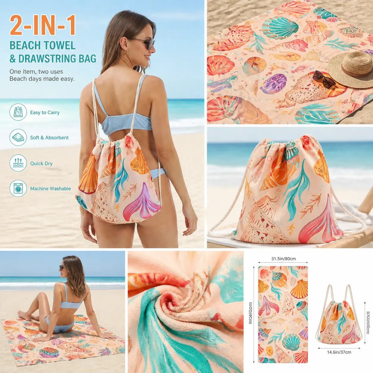 2-in-1 Convertible Dry No-Sand Oversized Beach Towel Backpack, Quick-Dry Sandproof Mat & Drawstring Bag for Beach, Travel (Seashell Print), Dry Beach Towels, No-Sand Beach Towels