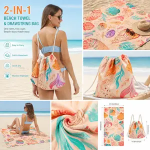 2-in-1 Convertible Beach Towel Backpack, Oversized Quick-Dry Sandproof Mat & Drawstring Bag for Beach, Pool, Travel and Vacation, Seashell Print