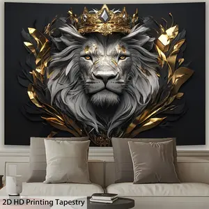 60X40 In Majestic Lion with Crown Tapestry - Black & Golden Regal Lion Wall Art, Premium Polyester Peach Light Beige Fabric, Horizontal Indoor Decor for Living Room, Bedroom, Office, Party - No Electricity Needed, Creative Gift Idea, Lion Decor