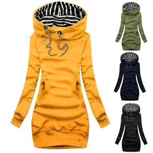 Casual solid-color long-sleeve drawstring hooded dress, slim-fit hooded pullover sweatshirt dress GARMENTARY
