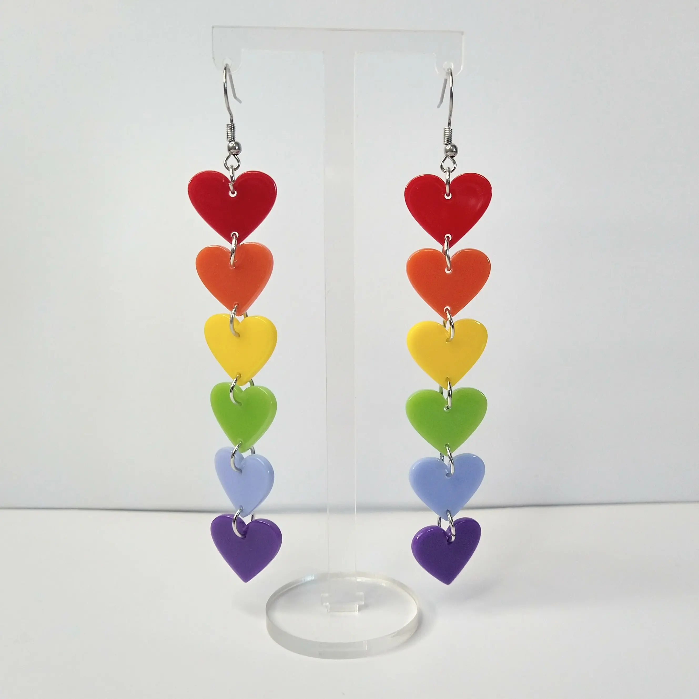 #580 Rainbow Colored Dangle Heart Earrings, Casual, Pride, Acrylic