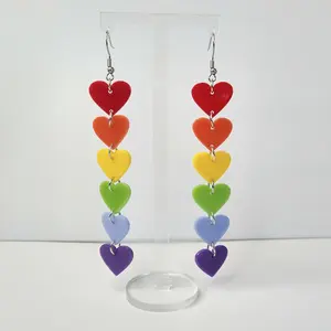 #580 Rainbow Colored Dangle Heart Earrings, Casual, Pride, Acrylic