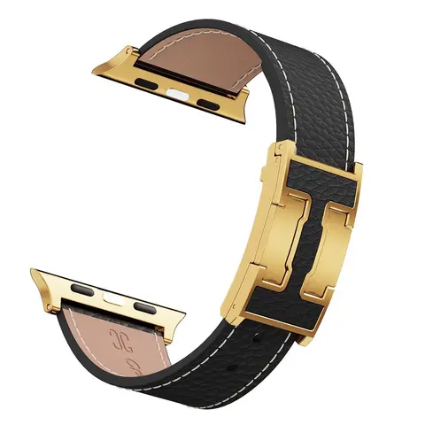 CrazyGrass Top-Grain Cowhide Leather Watch Band, Suitable for Apple Watch Series 1-12, SE and Ultra (38/40/41/42/44/45/46/49mm), Pebbled Magnetic Watch Strap with Contrast Stitching, Adjustable Fit [Watch Not Included]