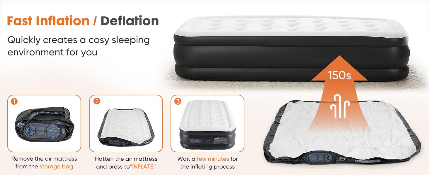 【Deal】Sweet Furniture inflatable blow-up mattress airbed with built-in high-capacity pump has a non-slip bottom and is portable for home or camping use.