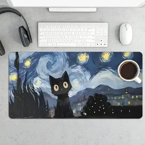 1pc, Van Gogh Night Sky Cute Cat Abstract Art Mouse Pad, Large Size Gaming Mouse Pad, E Sports Office Keyboard Pad, Computer Mouse Pad