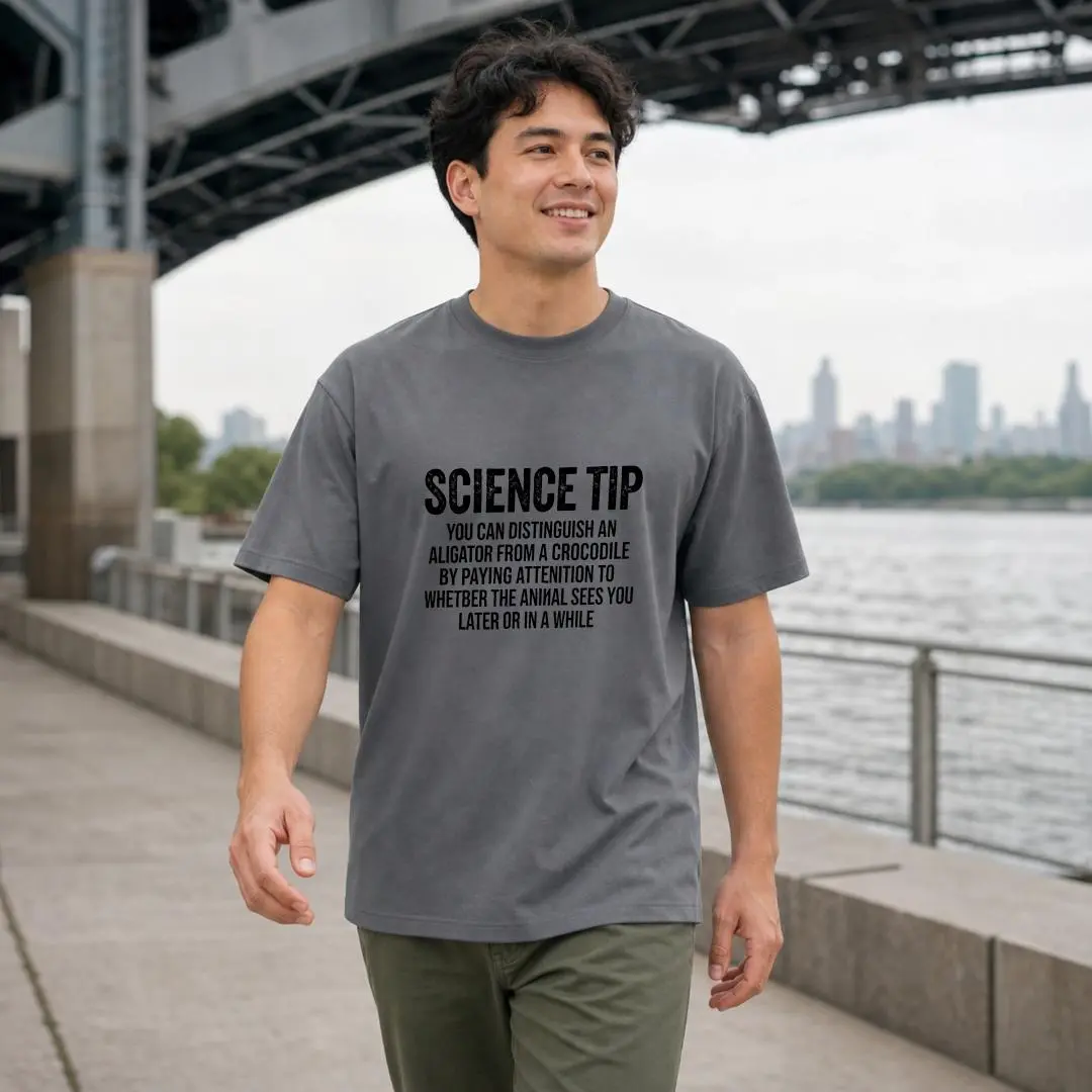 XTAUTO Funny Science Tip Quote Graphic Tee, Unisex T-Shirt, Alligator Vs Crocodile Humor Text Design, Casual Summer Outdoor Wear, Gift For Science Lovers And Biology Students