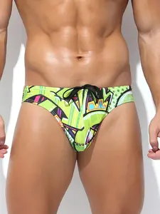 1pc Men's Fashion Triangle Swim Trunks Drawstring Digital Print Bikini Beach Sports Swimming