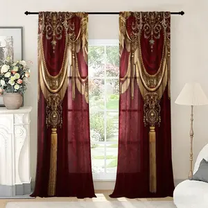 Baroque Style Faux Valance Sheer Curtains, Room Decor Curtain, 2 Panels HD Printed Rod Pocket, Light Filtering Semi-Privacy Window Curtains for Living Room, Bedroom, Hotel-HD Digital Print, Rod Pocket Easy Installation, Semi-Transparent & Semi-Privacy
