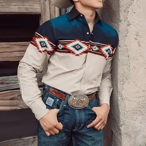 College outfits Western Cowboy Punk Style Printed Shirt for Men with Double Chest Pockets, Trendy Vintage Youth Streetwear Menswear Top