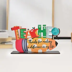 Charming Wooden Teacher's Day Decoration with Pencil and Apple Design, Perfect Gift for Educators, Home or Office Decor