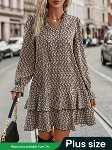 Plus Size All Over Print Frill Trim Tie Neck Ruffle Hem Dress, Plus Casual Flounce Sleeve Tiered Layer Hem Short Dress for Spring Fall, Women's Plus Long Sleeve Clothing for Daily Wear, Vintage Girly Clothes, Moo Moo Dresses, Moo Moo for Women
