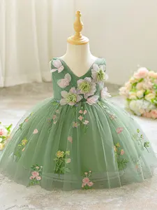 Flower Embroidered Mint Green Baby Girl Clothes Infant Christening Cocktail Toddler Baptism Pageant Birthday Party Ball Gown Princess Dress Floral Dress for all Season 6 Months to 3 Years