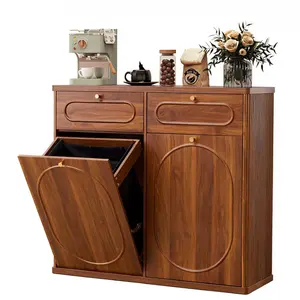 Giratree Tilt Out Trash Can Cabinet, Wood Kitchen Garbage Bin with Drawer, Fluted 10 Gallon Laundry Hamper Cabinet, Farmhouse Hidden Trash Can for Kitchen, Living Room