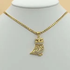 Valentine's Day Yellow Gold Plated Owl Pendant & 18-inch Cuban Chain Necklace - Symbol of Luck & Protection - Couples Gifts for Him & Her