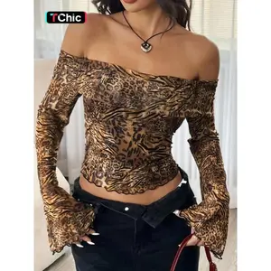 Women's Leopard Print Off Shoulder Mesh Top, Fashion Casual Long Sleeve Top for Daily Outdoor Wear, Ladies Clothes for All Seasons(Sheet)