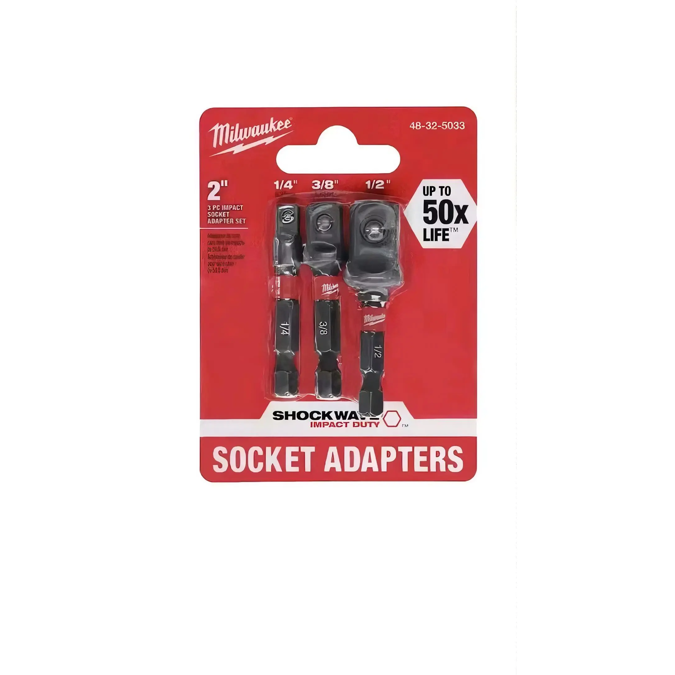 Milwaukee Shockwave Impact Duty Socket Adapters (48-32-5033) - 2" Size, 1/4"-3/8"-1/2" Drive, Up to 50x Longer Life, Compatible with Cordless Drivers, Ideal for Impact Users
